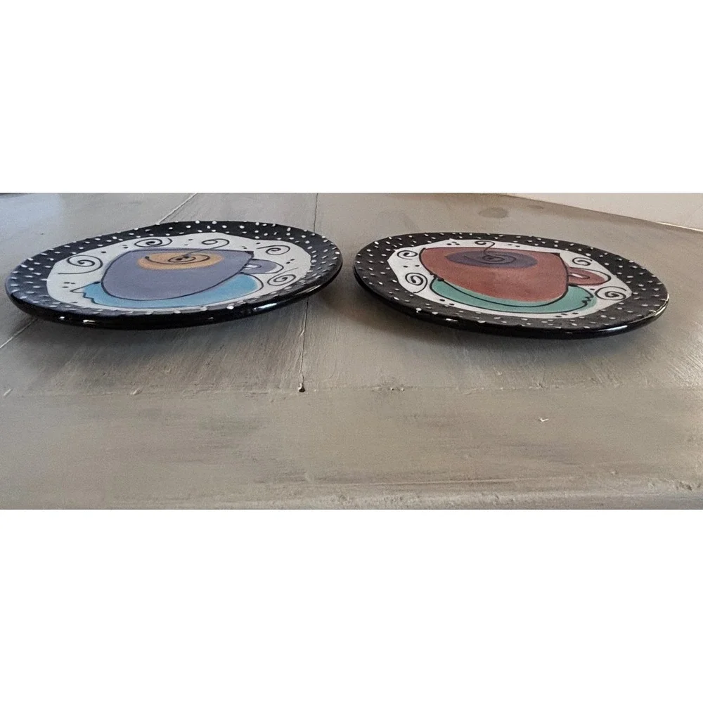 Joanne deLomba for Lotus Whimsical Coffee Cup Salad Plates Set of 2 Black 8 Inch